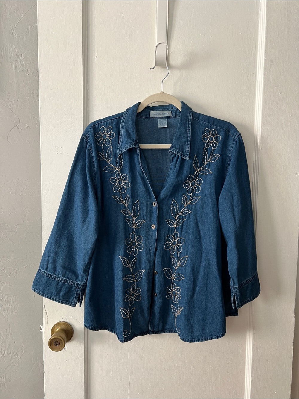 Beaded Indigo Denim Button-Down Shirt - Women's